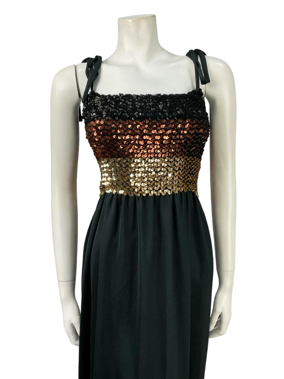 VTG 60S 70S BLACK GOLD BROWN STRIPE SEQUIN BANDEAU STRETCH DISCO PARTY DRESS 16