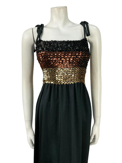 VTG 60S 70S BLACK GOLD BROWN STRIPE SEQUIN BANDEAU STRETCH DISCO PARTY DRESS 16