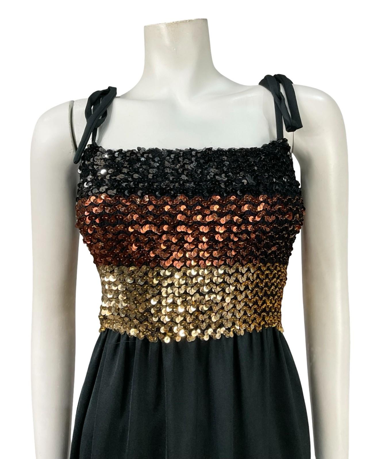 VTG 60S 70S BLACK GOLD BROWN STRIPE SEQUIN BANDEAU STRETCH DISCO PARTY DRESS 16