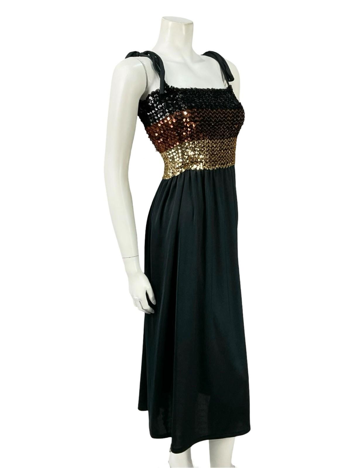 VTG 60S 70S BLACK GOLD BROWN STRIPE SEQUIN BANDEAU STRETCH DISCO PARTY DRESS 16