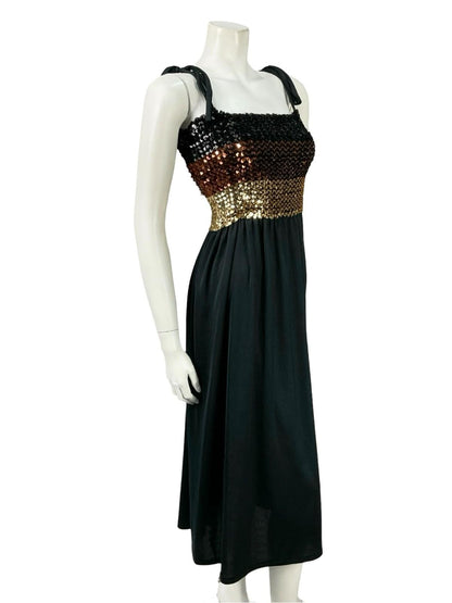 VTG 60S 70S BLACK GOLD BROWN STRIPE SEQUIN BANDEAU STRETCH DISCO PARTY DRESS 16