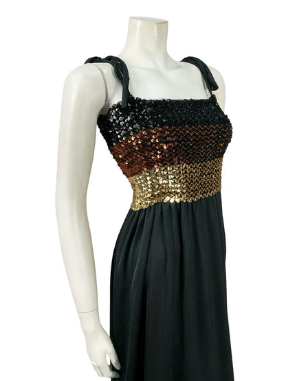 VTG 60S 70S BLACK GOLD BROWN STRIPE SEQUIN BANDEAU STRETCH DISCO PARTY DRESS 16