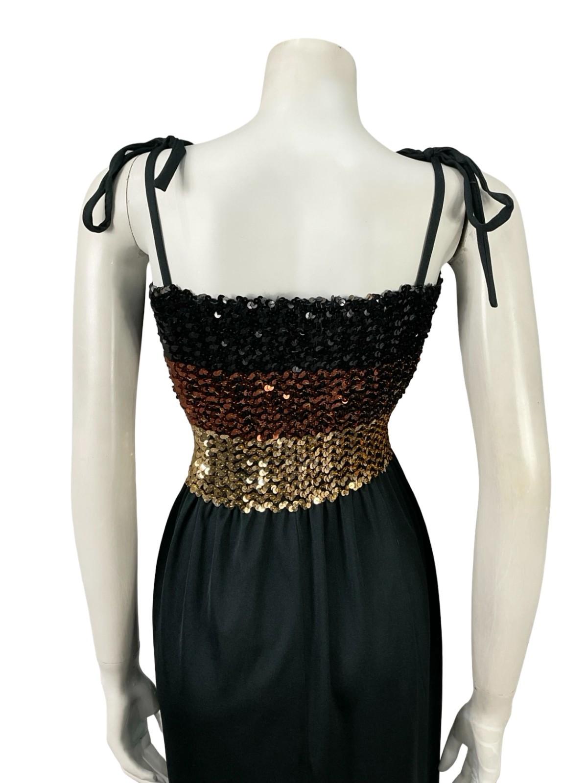 VTG 60S 70S BLACK GOLD BROWN STRIPE SEQUIN BANDEAU STRETCH DISCO PARTY DRESS 16