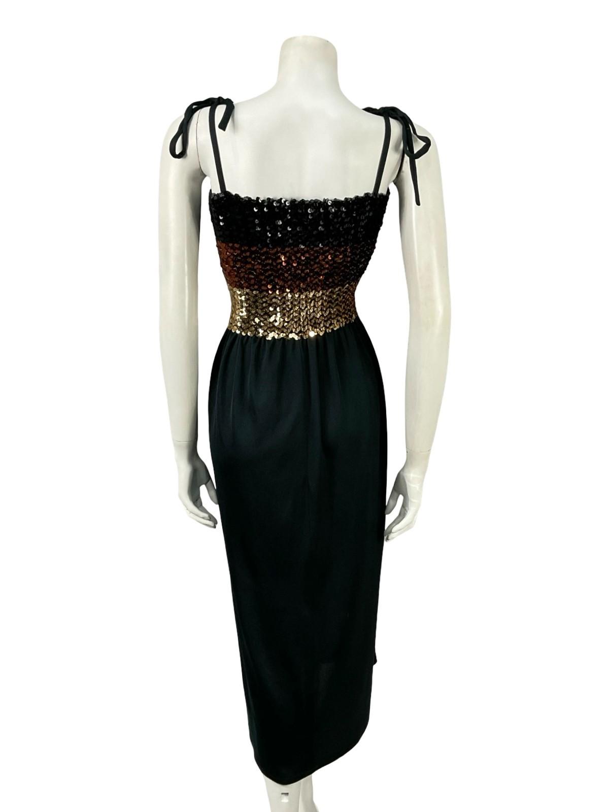 VTG 60S 70S BLACK GOLD BROWN STRIPE SEQUIN BANDEAU STRETCH DISCO PARTY DRESS 16