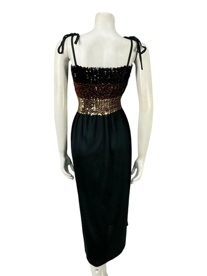 VTG 60S 70S BLACK GOLD BROWN STRIPE SEQUIN BANDEAU STRETCH DISCO PARTY DRESS 16