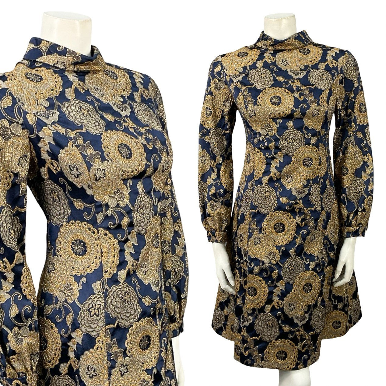 Mannequin wears a navy blue and gold floral damask long sleeve vintage 60s shift dress. 