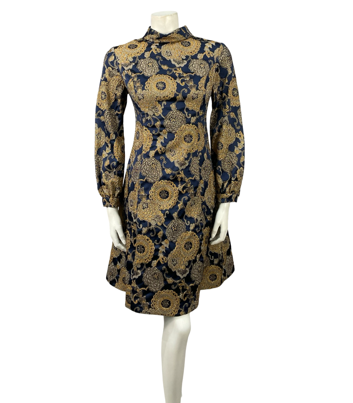 VTG 60S 70S NAVY BLUE GOLD DAMASK FLORAL MOD PARTY FUNNEL SHIFT DRESS 10 12
