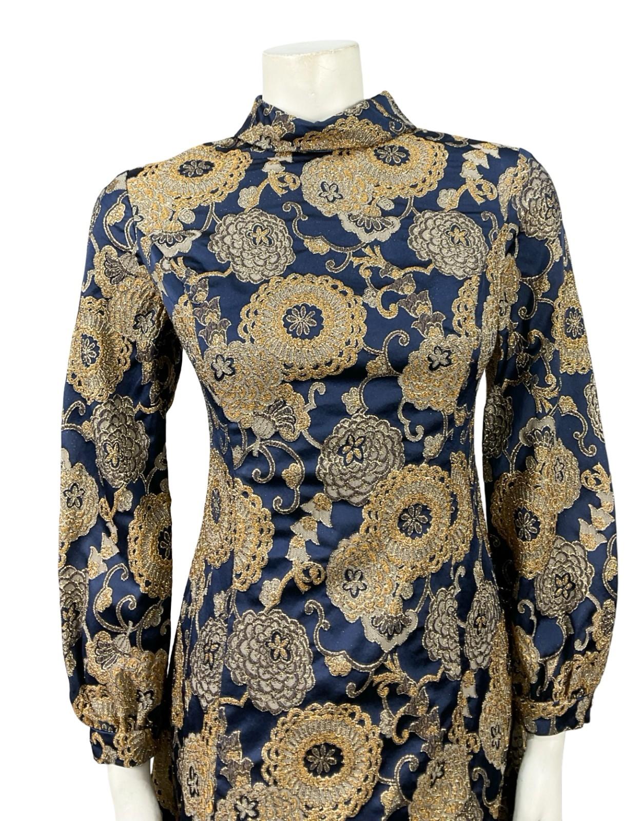VTG 60S 70S NAVY BLUE GOLD DAMASK FLORAL MOD PARTY FUNNEL SHIFT DRESS 10 12