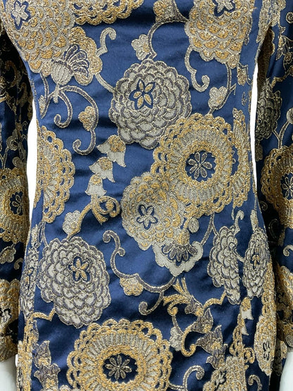 VTG 60S 70S NAVY BLUE GOLD DAMASK FLORAL MOD PARTY FUNNEL SHIFT DRESS 10 12