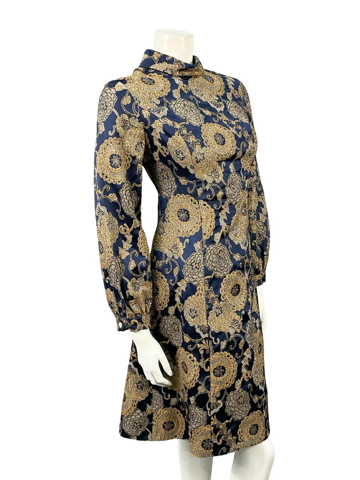 VTG 60S 70S NAVY BLUE GOLD DAMASK FLORAL MOD PARTY FUNNEL SHIFT DRESS 10 12