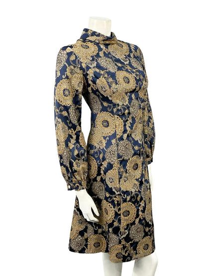 VTG 60S 70S NAVY BLUE GOLD DAMASK FLORAL MOD PARTY FUNNEL SHIFT DRESS 10 12