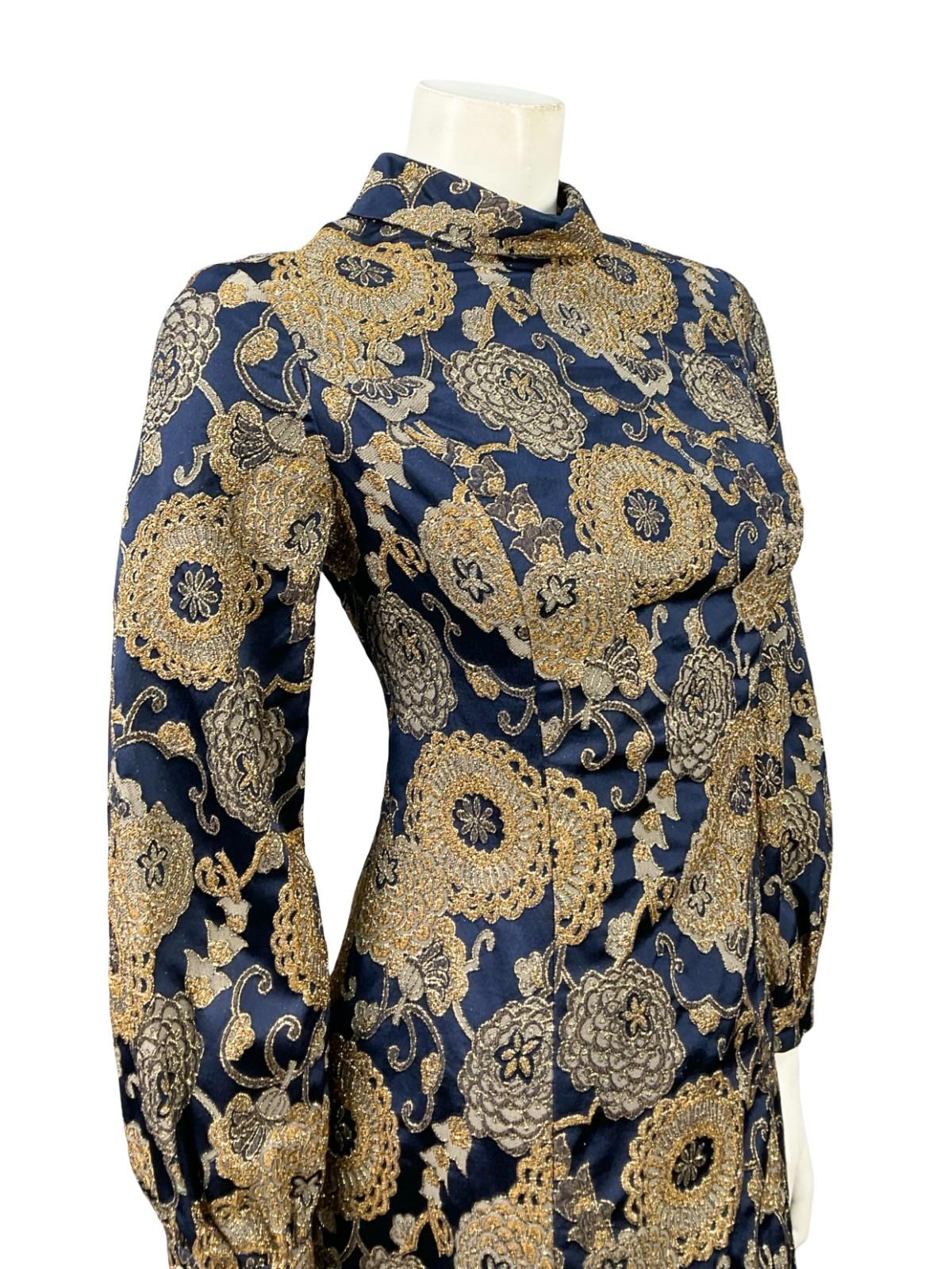 VTG 60S 70S NAVY BLUE GOLD DAMASK FLORAL MOD PARTY FUNNEL SHIFT DRESS 10 12