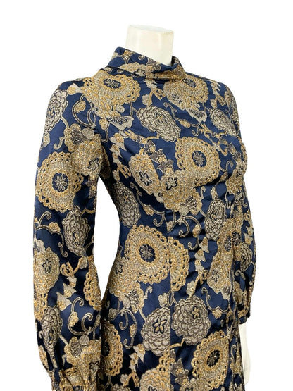 VTG 60S 70S NAVY BLUE GOLD DAMASK FLORAL MOD PARTY FUNNEL SHIFT DRESS 10 12