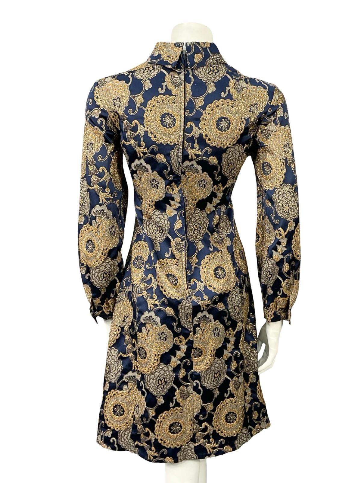 VTG 60S 70S NAVY BLUE GOLD DAMASK FLORAL MOD PARTY FUNNEL SHIFT DRESS 10 12