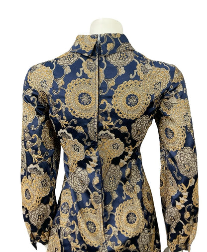 VTG 60S 70S NAVY BLUE GOLD DAMASK FLORAL MOD PARTY FUNNEL SHIFT DRESS 10 12