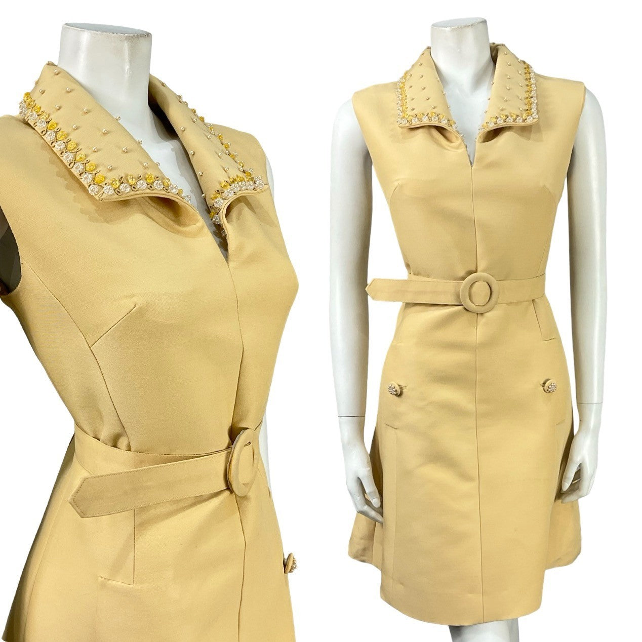 Mannequin wears a beige sleeveless vintage 60s mini dress with a beaded, oversized collar and belt. 