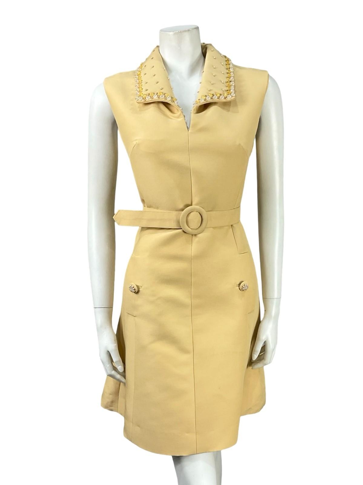 VTG 60S MOD BEIGE PEARL BEADED EMBELLISHED SHIRT MINI DRESS WITH BELT 10 12