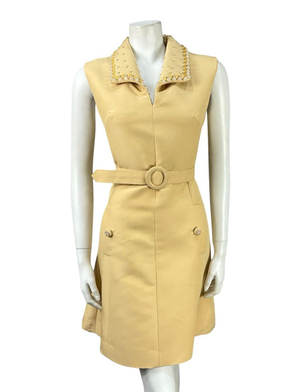 VTG 60S MOD BEIGE PEARL BEADED EMBELLISHED SHIRT MINI DRESS WITH BELT 10 12