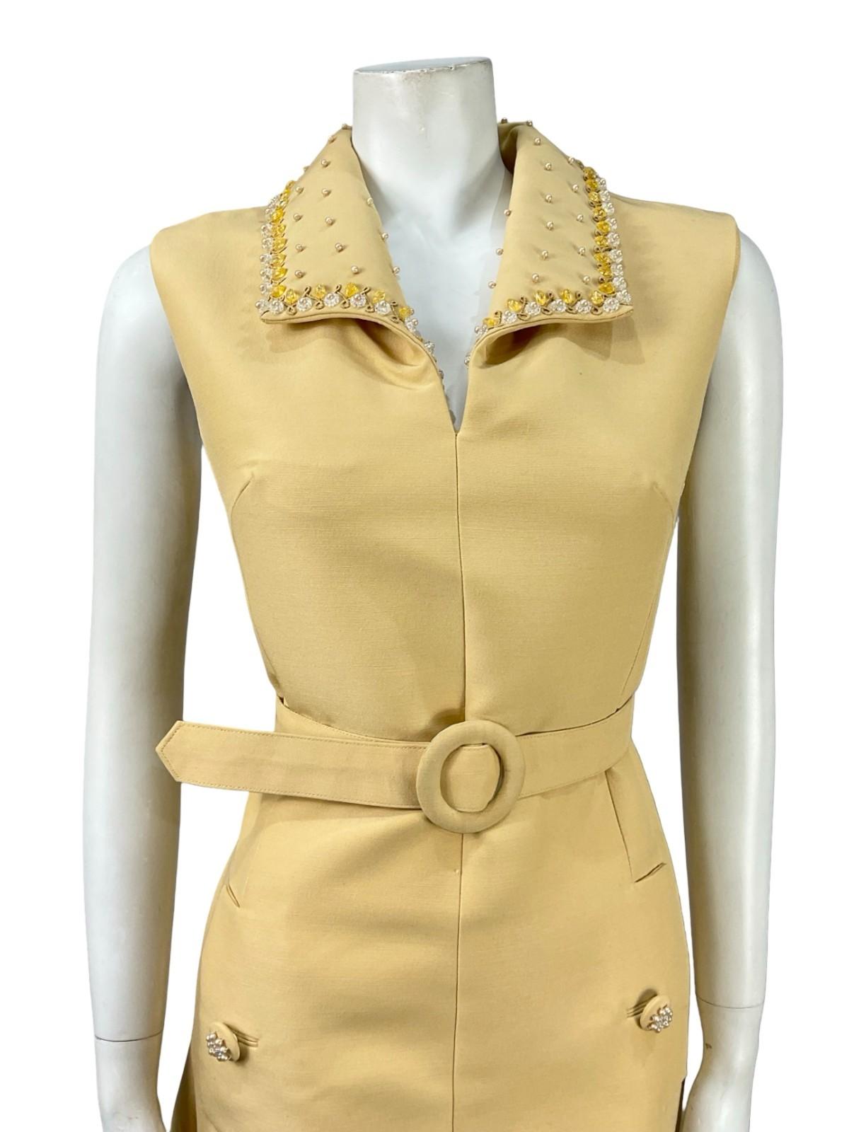 VTG 60S MOD BEIGE PEARL BEADED EMBELLISHED SHIRT MINI DRESS WITH BELT 10 12