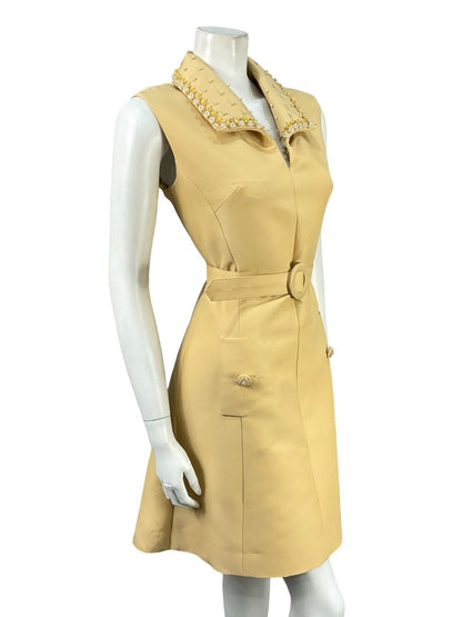VTG 60S MOD BEIGE PEARL BEADED EMBELLISHED SHIRT MINI DRESS WITH BELT 10 12