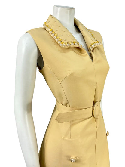 VTG 60S MOD BEIGE PEARL BEADED EMBELLISHED SHIRT MINI DRESS WITH BELT 10 12