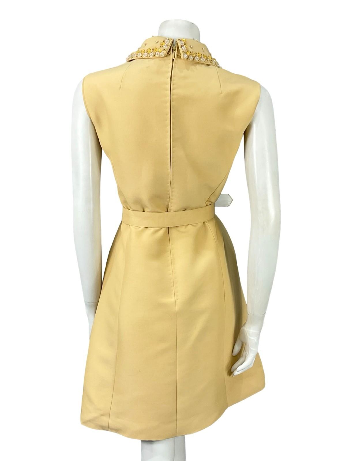 VTG 60S MOD BEIGE PEARL BEADED EMBELLISHED SHIRT MINI DRESS WITH BELT 10 12