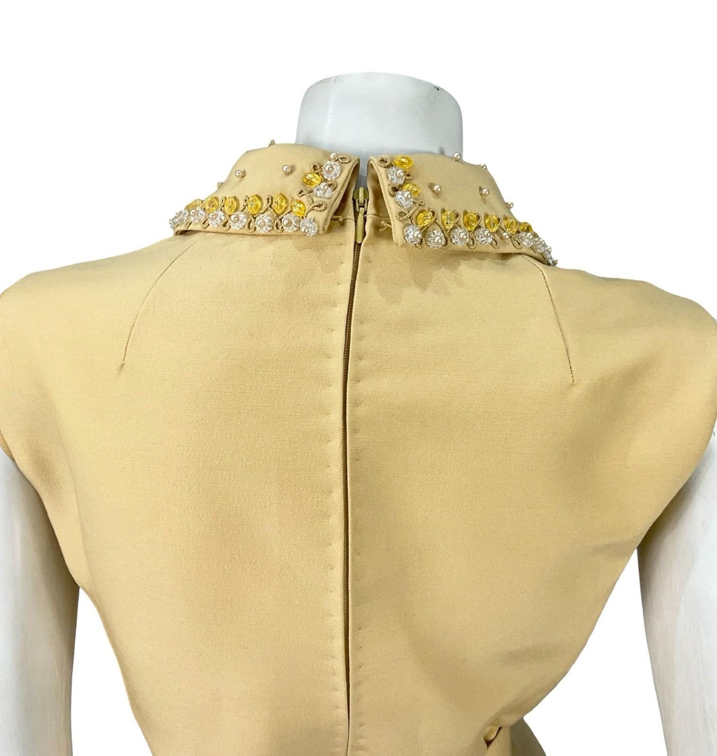 VTG 60S MOD BEIGE PEARL BEADED EMBELLISHED SHIRT MINI DRESS WITH BELT 10 12