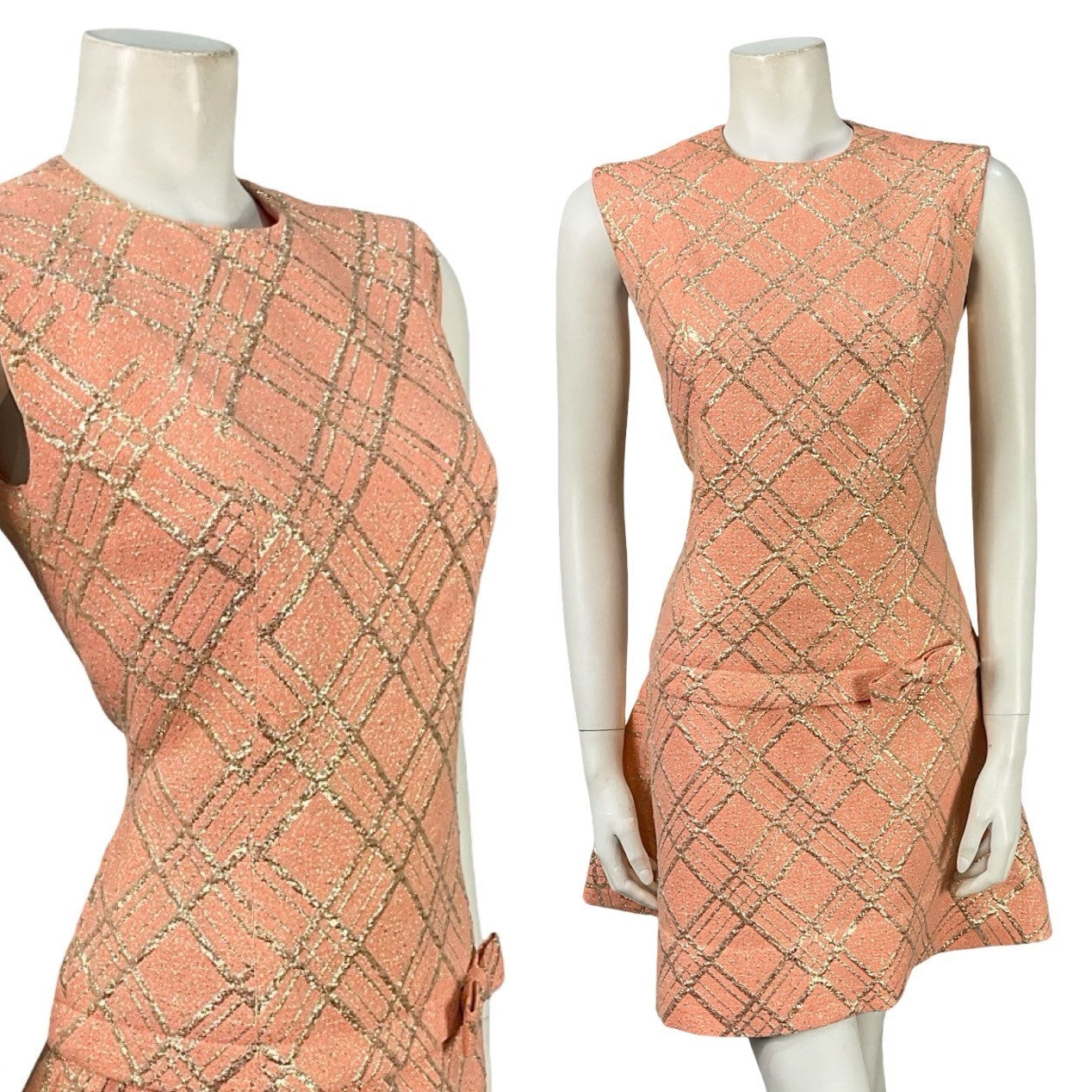 Mannequin wears a salmon pink and gold lurex plaid sleeveless mini dress with a dropped waistline. 