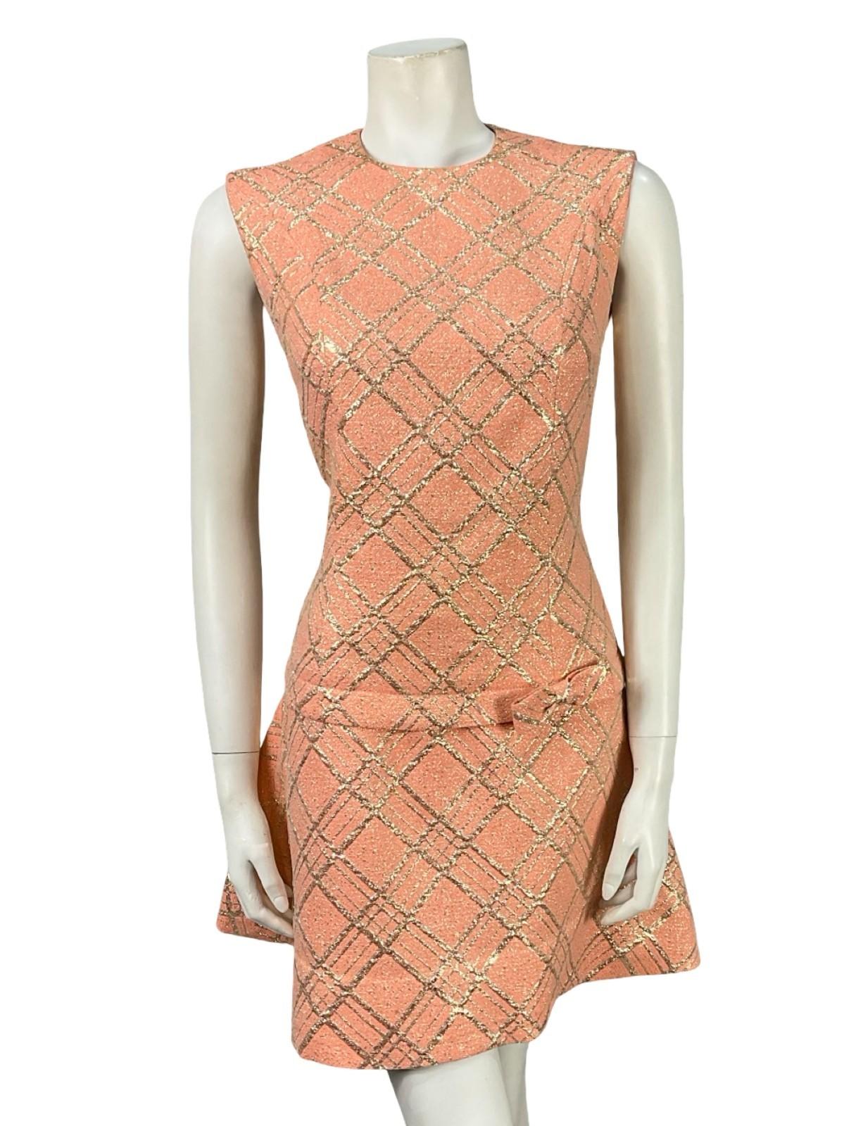 VTG 60S 70S MOD SALMON PINK GOLD PLAID LUREX DROPPED WAIST BOW MINI DRESS 8
