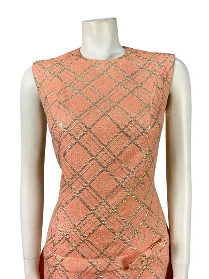 VTG 60S 70S MOD SALMON PINK GOLD PLAID LUREX DROPPED WAIST BOW MINI DRESS 8