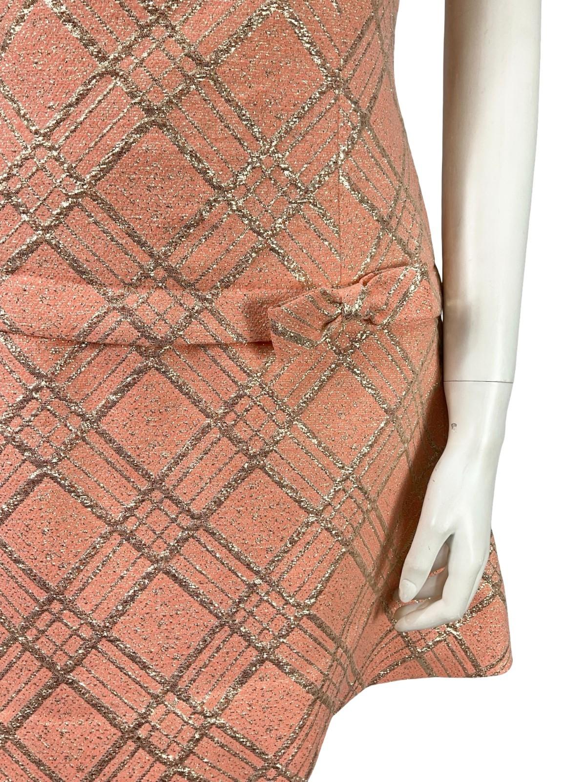 VTG 60S 70S MOD SALMON PINK GOLD PLAID LUREX DROPPED WAIST BOW MINI DRESS 8
