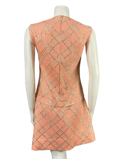 VTG 60S 70S MOD SALMON PINK GOLD PLAID LUREX DROPPED WAIST BOW MINI DRESS 8