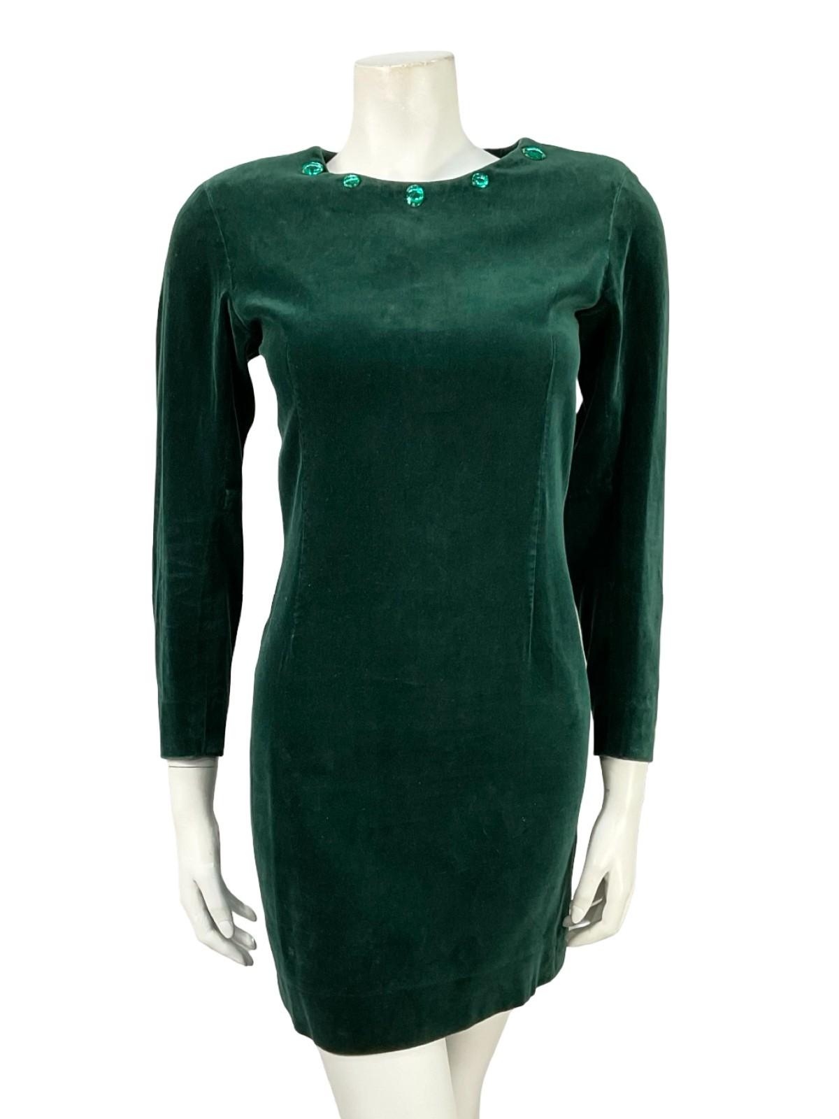 VTG 60S 70S GREEN VELVET BEADED MOD GOGO LONG SLEEVE PARTY DRESS XS 6