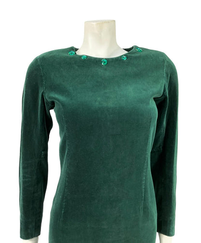 VTG 60S 70S GREEN VELVET BEADED MOD GOGO LONG SLEEVE PARTY DRESS XS 6