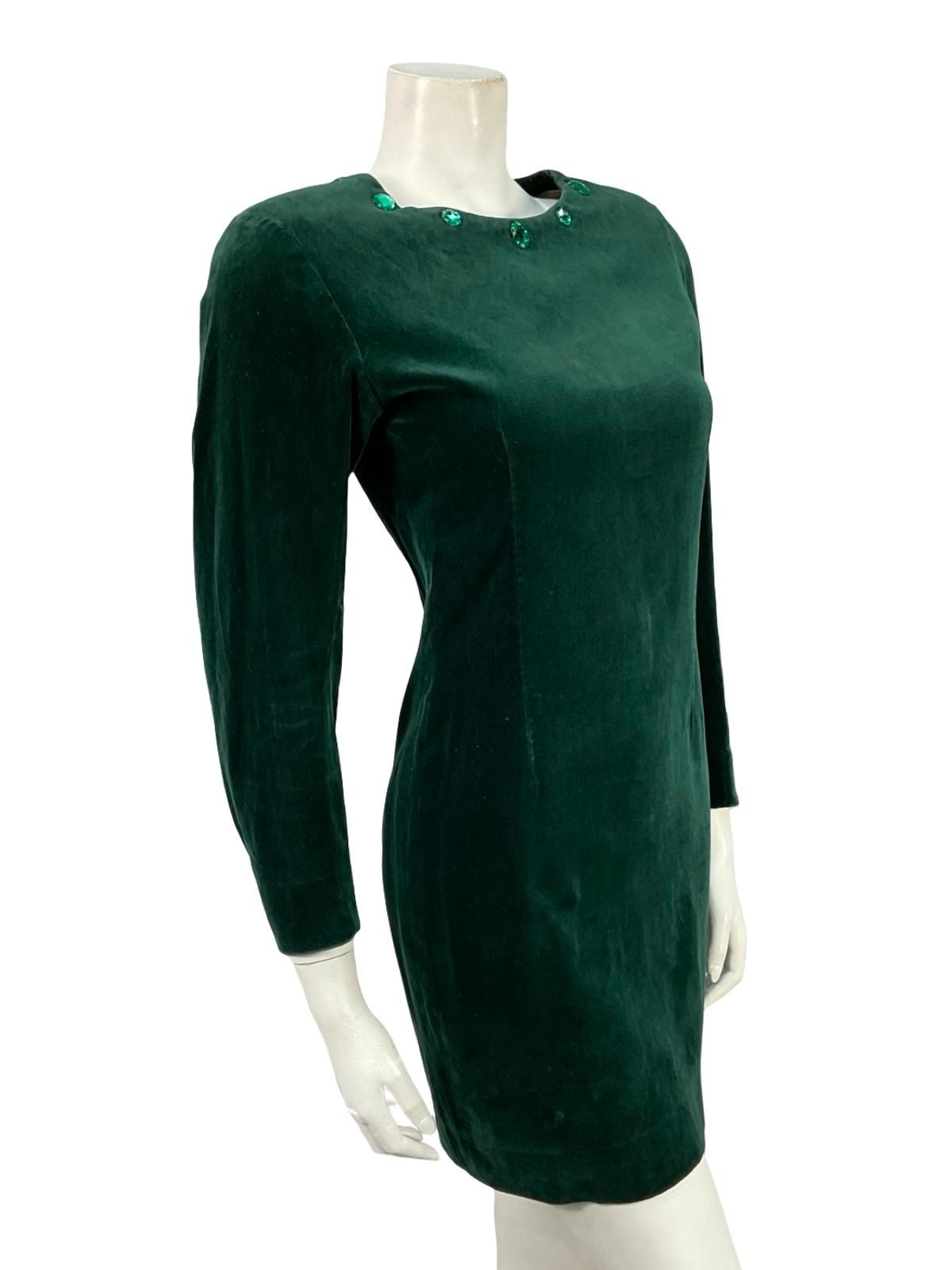 VTG 60S 70S GREEN VELVET BEADED MOD GOGO LONG SLEEVE PARTY DRESS XS 6