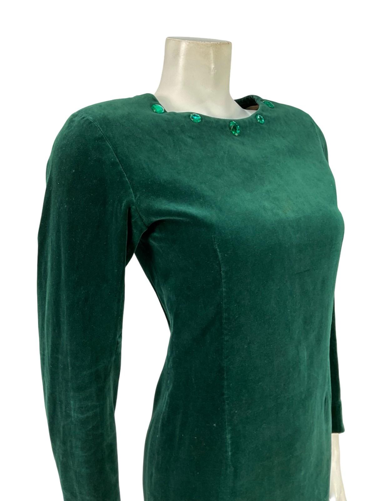 VTG 60S 70S GREEN VELVET BEADED MOD GOGO LONG SLEEVE PARTY DRESS XS 6