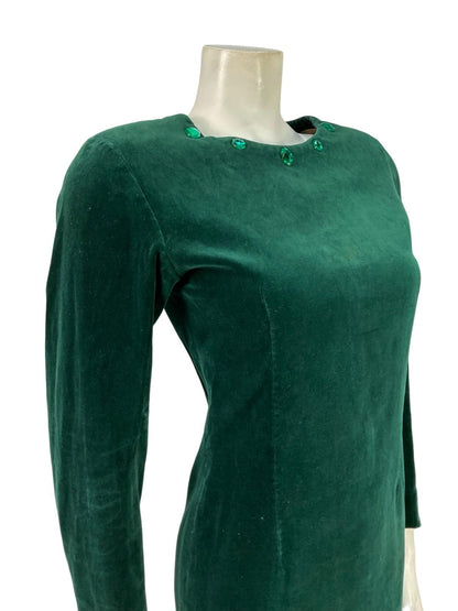 VTG 60S 70S GREEN VELVET BEADED MOD GOGO LONG SLEEVE PARTY DRESS XS 6