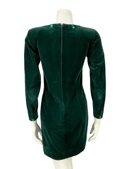 VTG 60S 70S GREEN VELVET BEADED MOD GOGO LONG SLEEVE PARTY DRESS XS 6
