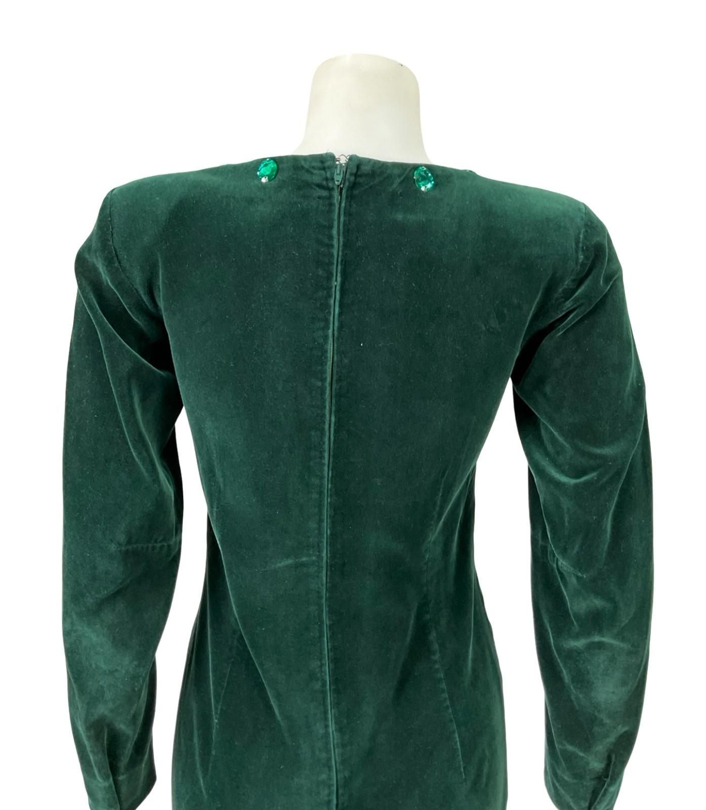 VTG 60S 70S GREEN VELVET BEADED MOD GOGO LONG SLEEVE PARTY DRESS XS 6