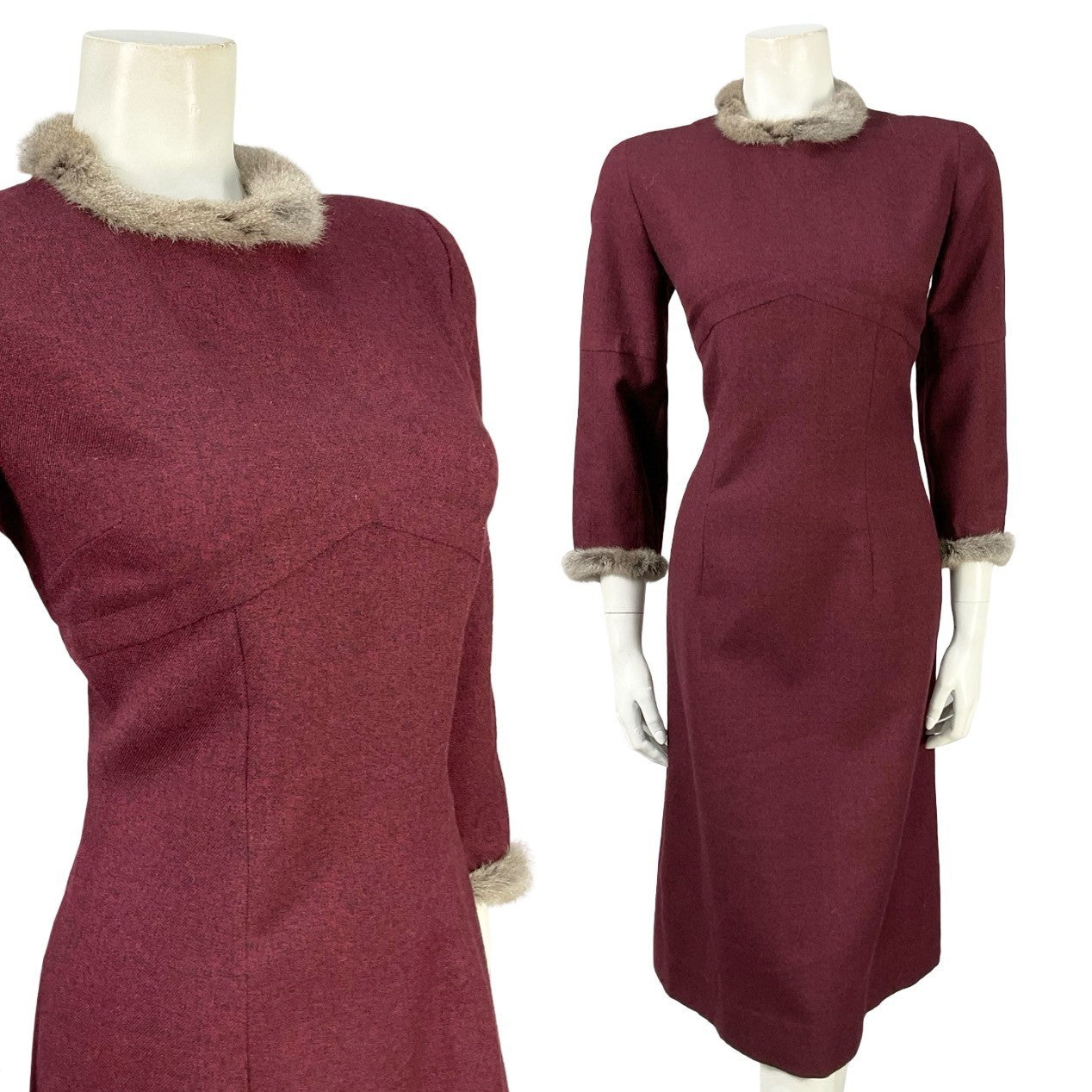 Mannequin wears a plum purple cropped sleeve mini dress with a fur neckline and cuff trim. 