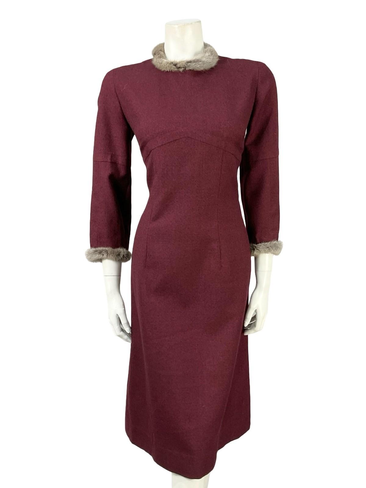 VTG 60S 70S MOD PURPLE RED GREY WOOL BLEND SHIFT FUR TRIM PARTY DRESS 12