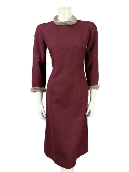 VTG 60S 70S MOD PURPLE RED GREY WOOL BLEND SHIFT FUR TRIM PARTY DRESS 12