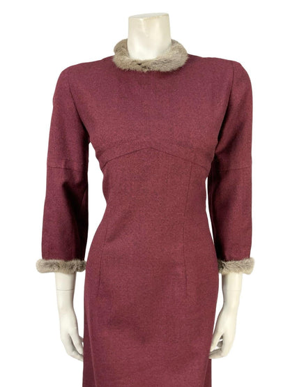 VTG 60S 70S MOD PURPLE RED GREY WOOL BLEND SHIFT FUR TRIM PARTY DRESS 12