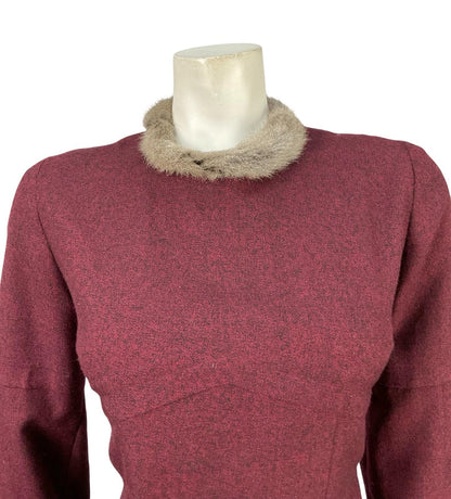 VTG 60S 70S MOD PURPLE RED GREY WOOL BLEND SHIFT FUR TRIM PARTY DRESS 12