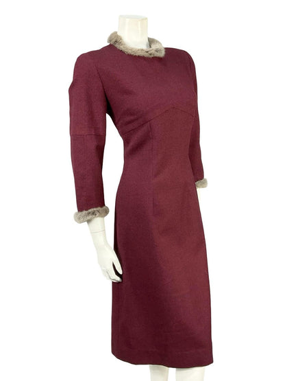 VTG 60S 70S MOD PURPLE RED GREY WOOL BLEND SHIFT FUR TRIM PARTY DRESS 12