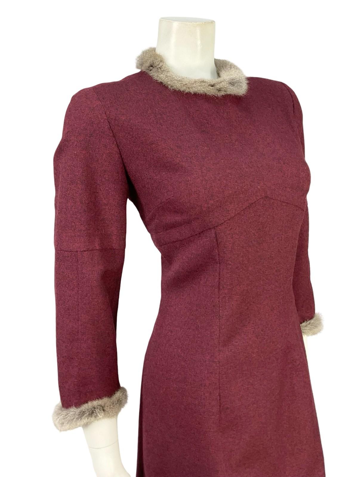 VTG 60S 70S MOD PURPLE RED GREY WOOL BLEND SHIFT FUR TRIM PARTY DRESS 12