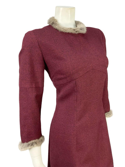 VTG 60S 70S MOD PURPLE RED GREY WOOL BLEND SHIFT FUR TRIM PARTY DRESS 12