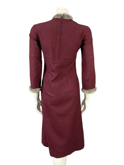 VTG 60S 70S MOD PURPLE RED GREY WOOL BLEND SHIFT FUR TRIM PARTY DRESS 12