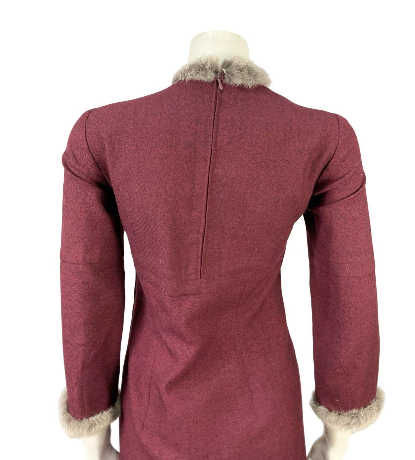 VTG 60S 70S MOD PURPLE RED GREY WOOL BLEND SHIFT FUR TRIM PARTY DRESS 12