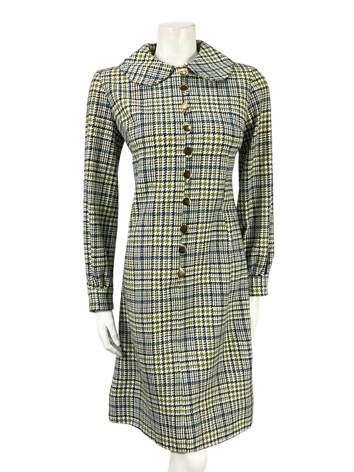 VTG 60S 70S MOD PETER PAN BLUE WHITE GREEN WOOL PLAID SHIFT SHIRT DRESS 12